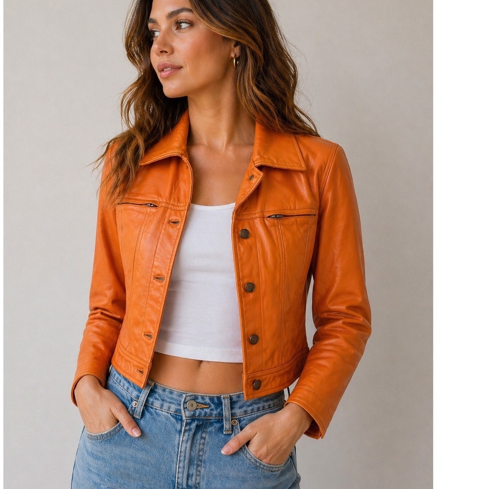 Cache Orange Genuine Leather Trucker Jacket Womens Size 6 Button Front Zippered